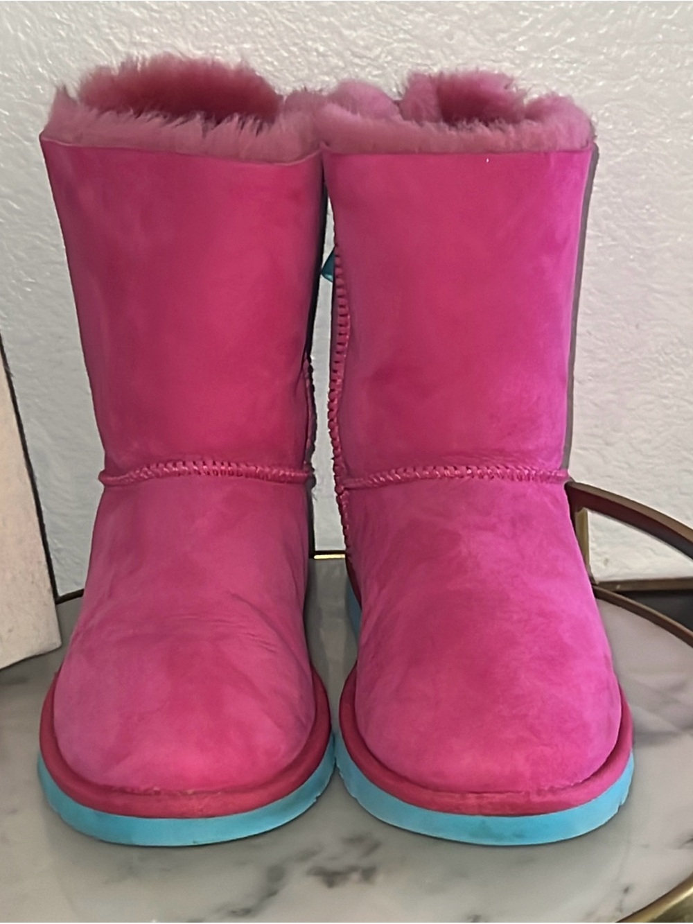 Kids UGG pink blue Bailey suede bow boots 6